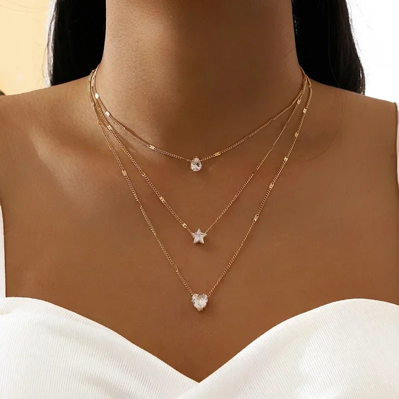 Multilayer Pendant Necklace with Crystal Zircon Heart and Star Charms