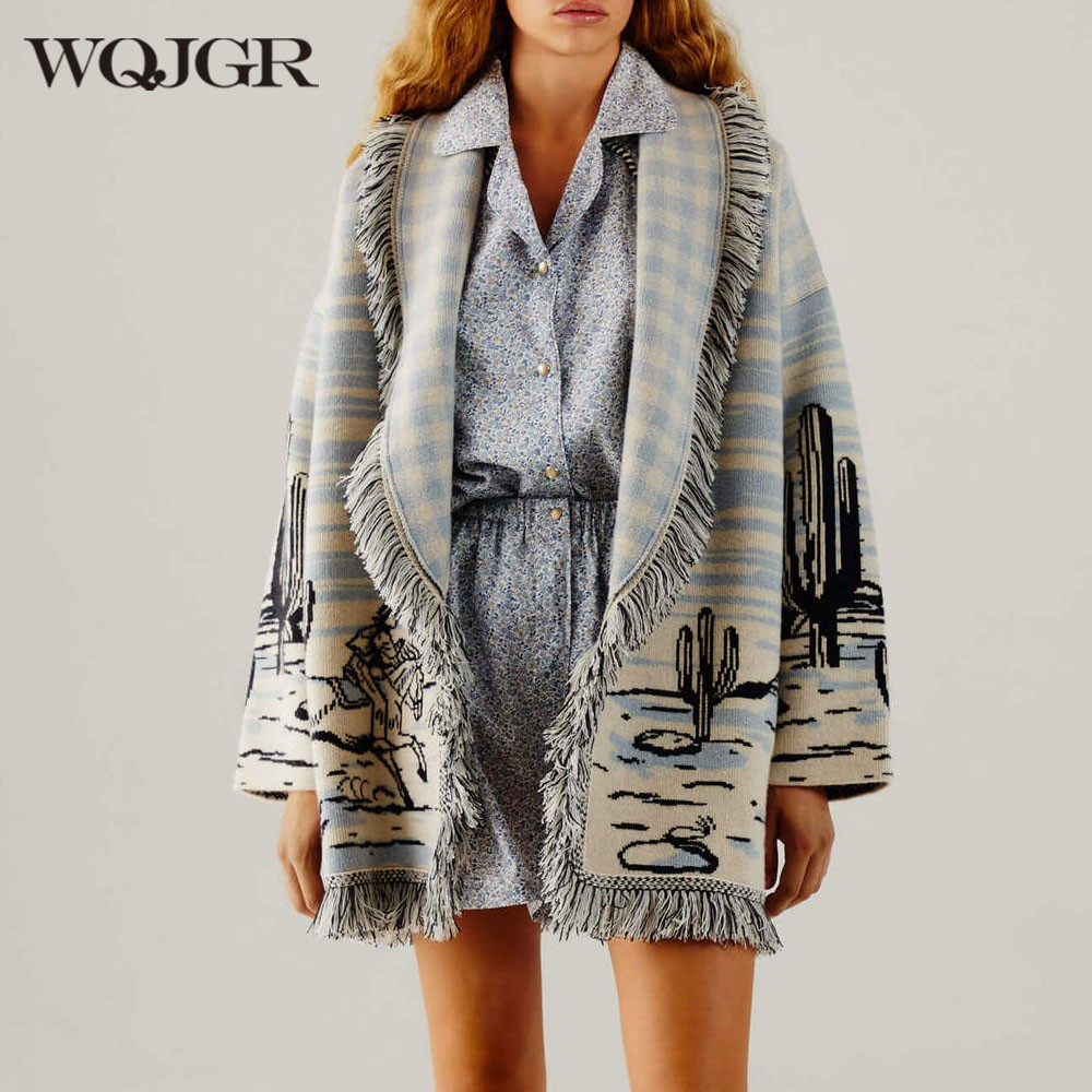 WQJGR Cardigan Sweater Women Wool Knitted Tassel Doodle Jacquard Loose Full Sleeve High-Quality Cashmere Winter Jacket
