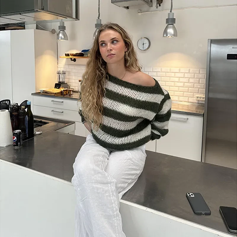 Loose Striped Pullover Sweater Fashion Versatile Long-sleeved Knitted Tops For Women Clothin