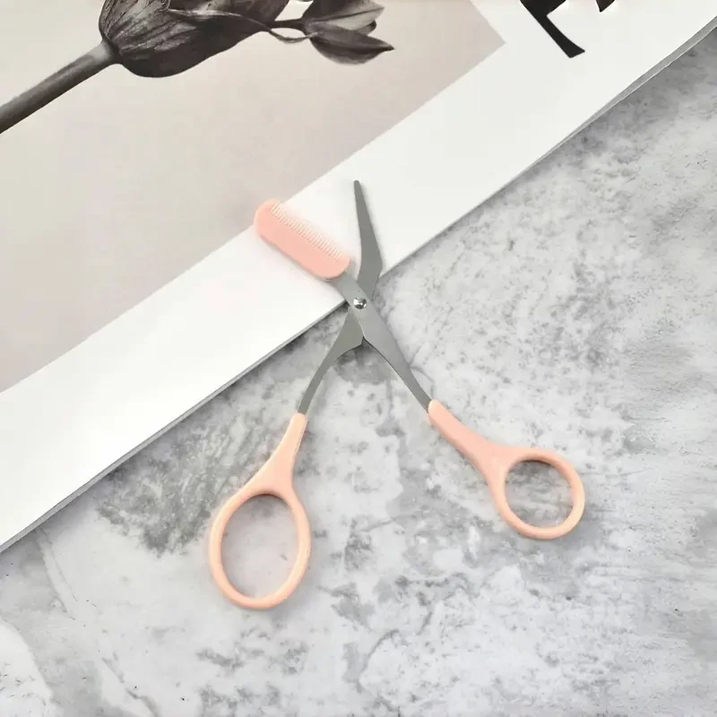Precision Pink Eyebrow Trimming Scissors with Built-In Comb