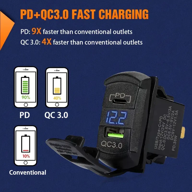 VALESUN 4 Gang Rocker Switch Box with QC 3.0 USB Charger & Voltmeter