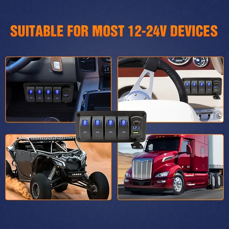 VALESUN 4 Gang Rocker Switch Box with QC 3.0 USB Charger & Voltmeter