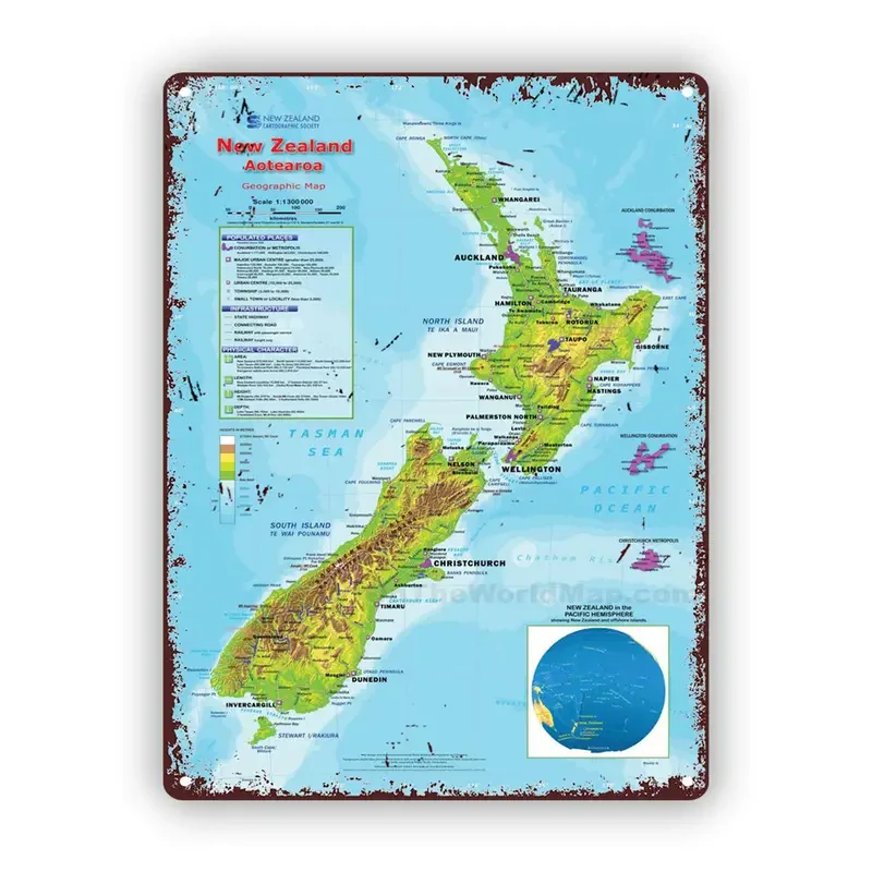 Vintage New Zealand Map Metal Sign