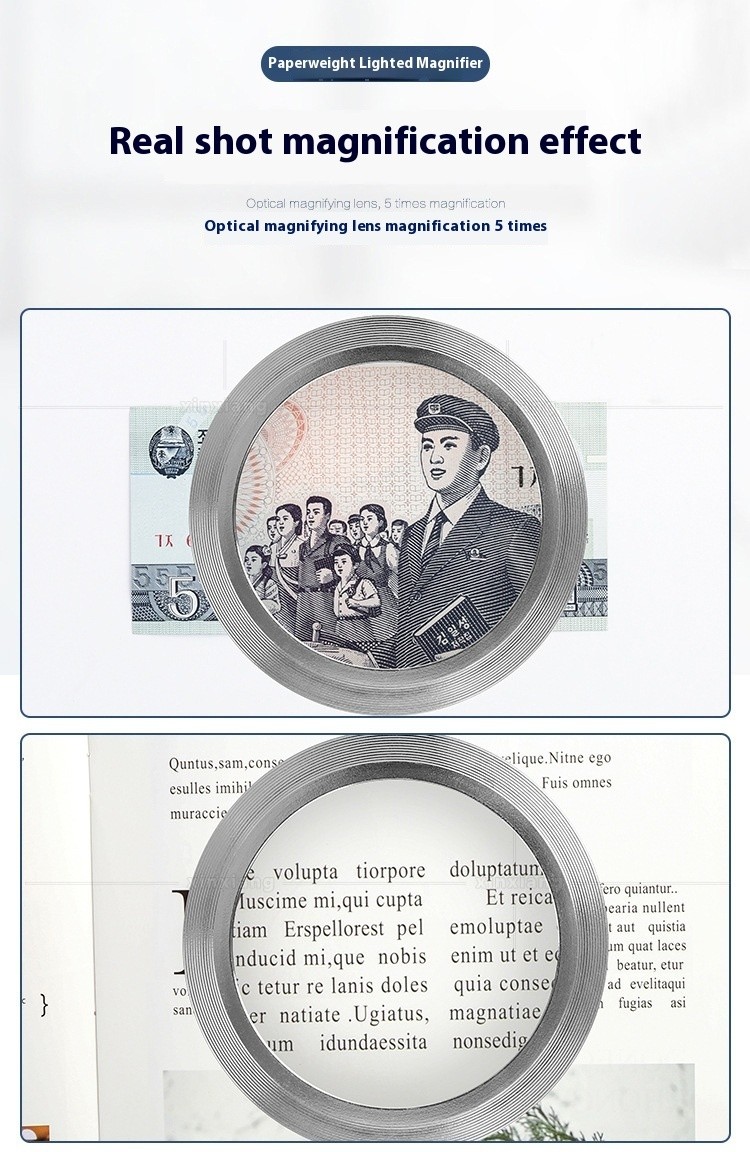 5 Times Cylinder 3 LED Lights K9 Optical Glass Lens Reading Magnifier