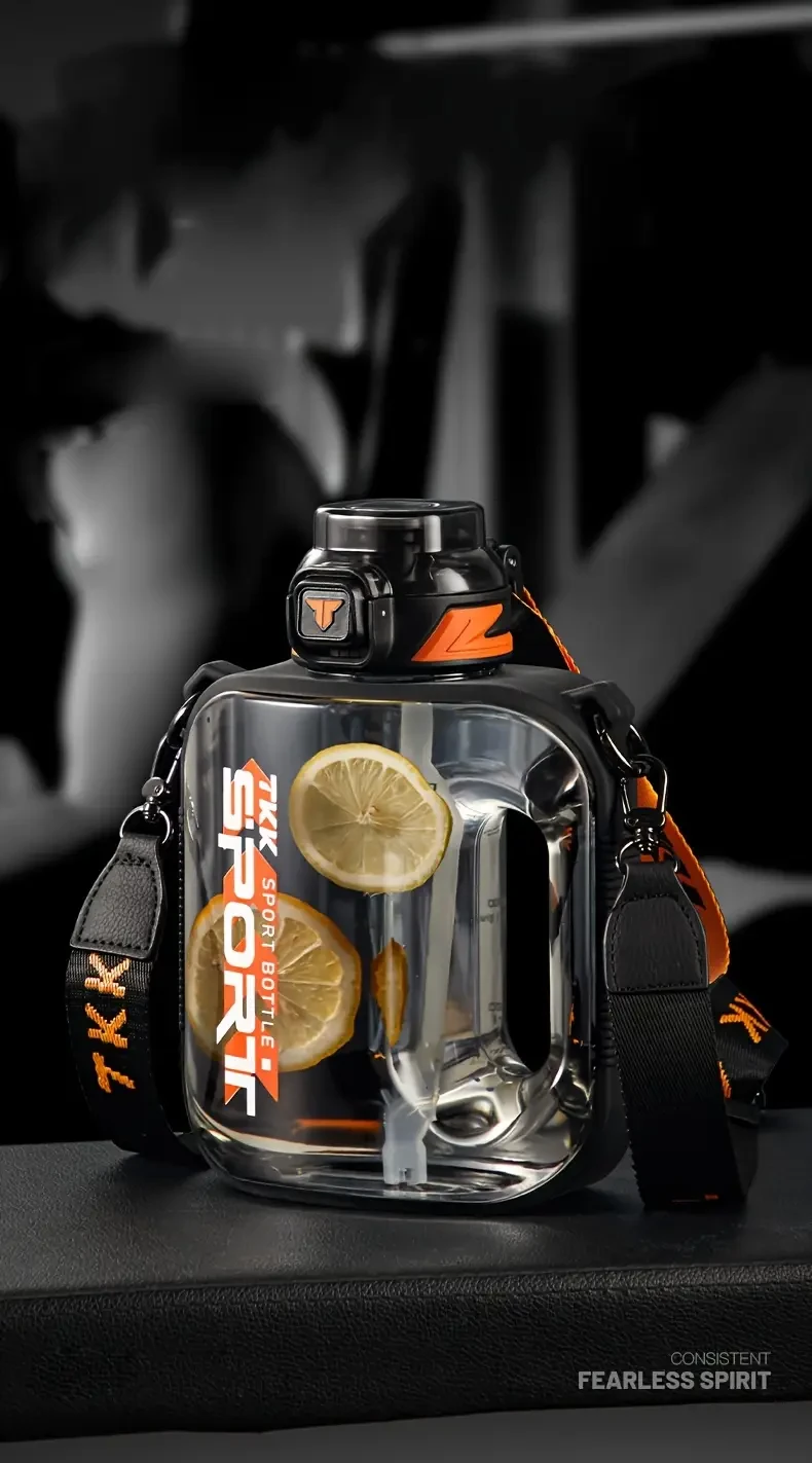 TKK Letter Pattern Plastic Water Bottle, Leakproof Sports Drink Bottle With Handle & Shoulder Strap, Portable For Fitness, Travel