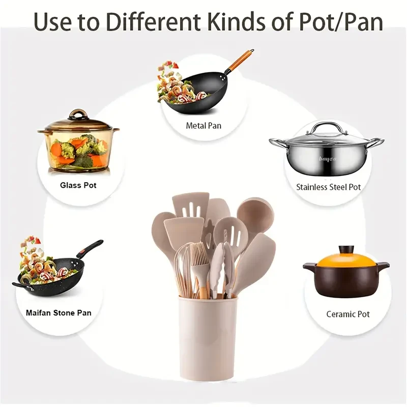 Upgrade your cooking with the 12pcs Silicone Kitchen Utensil Set with Wooden Handles. Heat-resistant, BPA-free, and non-stick, this stylish set is perfect for New Zealand kitchens. Includes turner, spatula, ladle, whisk, and more with a holder for organiz