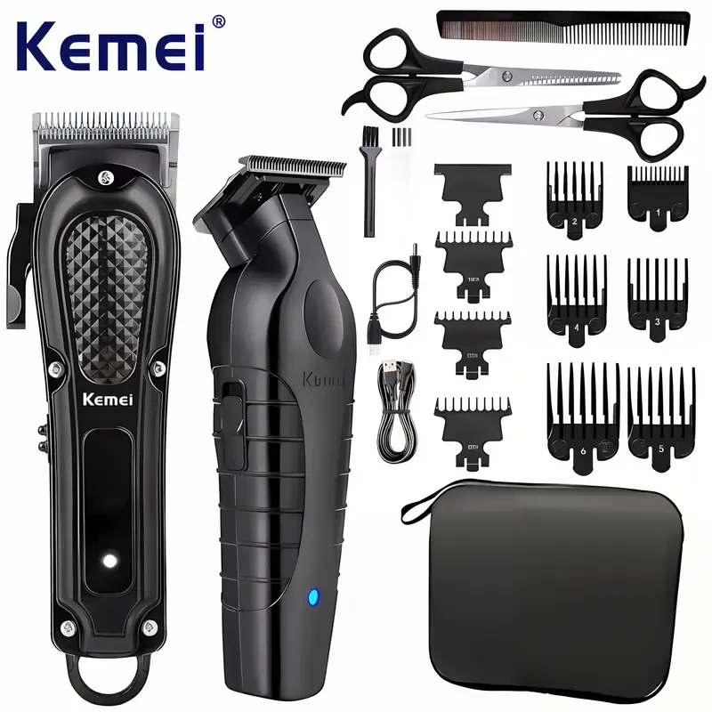 Kemei Professional Cordless Hair Clippers Kit, USB Rechargeable Electric Trimmer for Men, 1200mAh Lithium Battery, Beard and Haircut Grooming Set with Guide Combs, LED Display, and Accessories