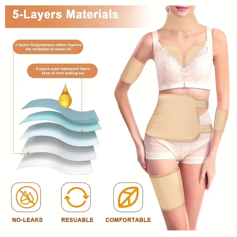 9pcs Reusable Castor Oil Pack Kit for Women, Adjustable Elastic Bands, Laundry Bag, Machine Washable, Body Shaping Support for Stomach, Neck, Chest, Knees, Feet, Calf, Arm