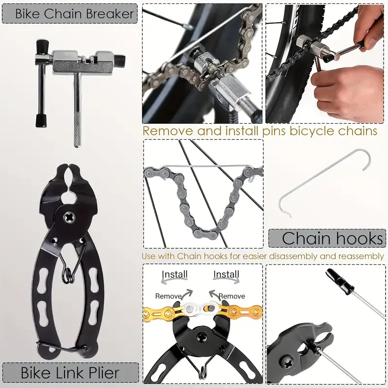 9pcs Professional Bicycle Repair Tool Kit with Stainless Steel Chain Whip