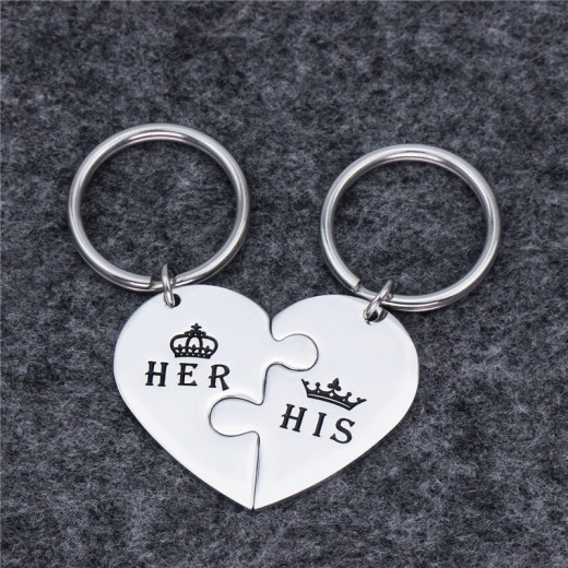 Couple Peach Heart Puzzle HIS HER Titanium Steel Keychain