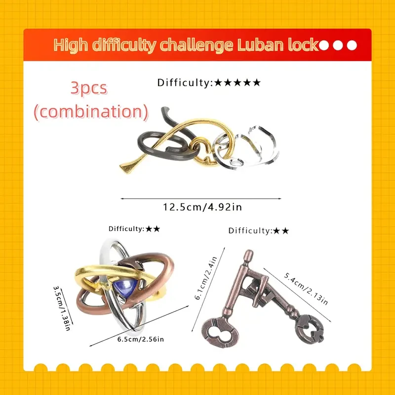 3pcs Iron Puzzle Set, High Difficulty Challenge Luban Lock, Brain Teaser Office Stress Relief Toy