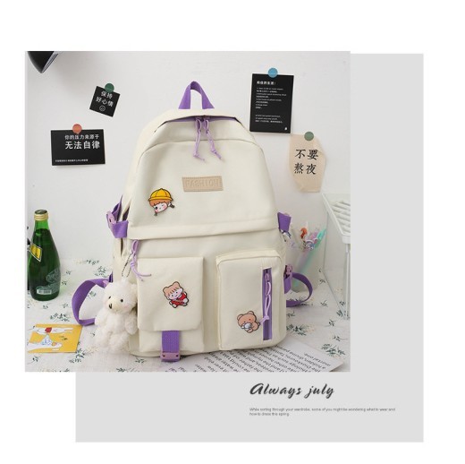 College Students' Backpack Five-piece Contrast Color Canvas School Bag