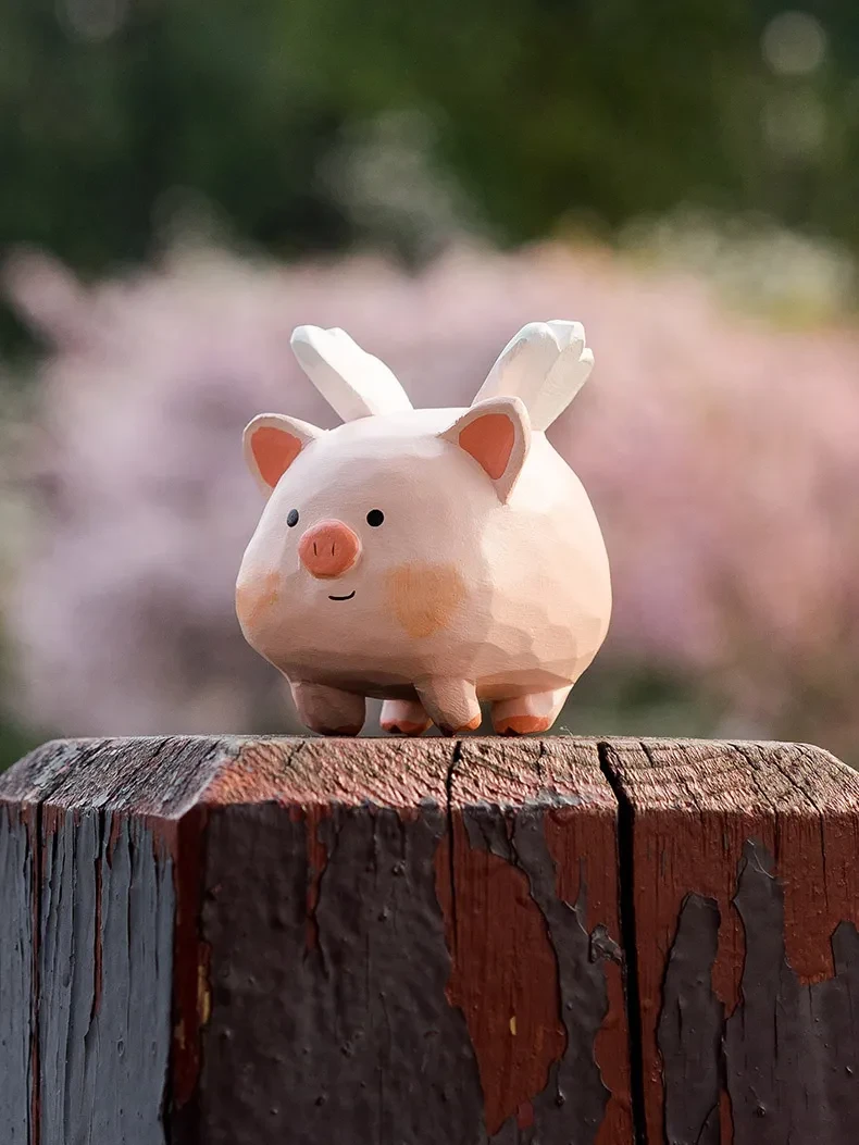 Original Wood Carving Small Flying Pig Tabletop Decoration