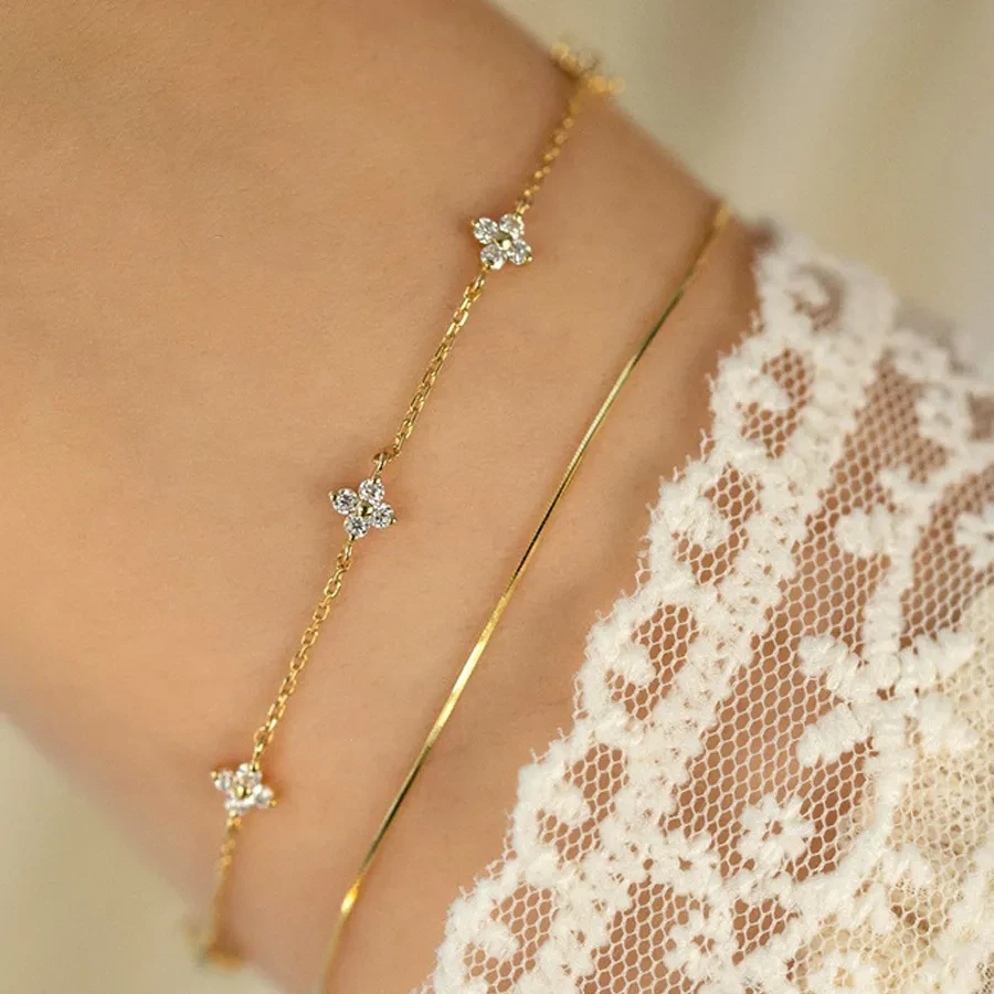 S925 Sterling Silver Clover Bracelet Female Simple Zircon