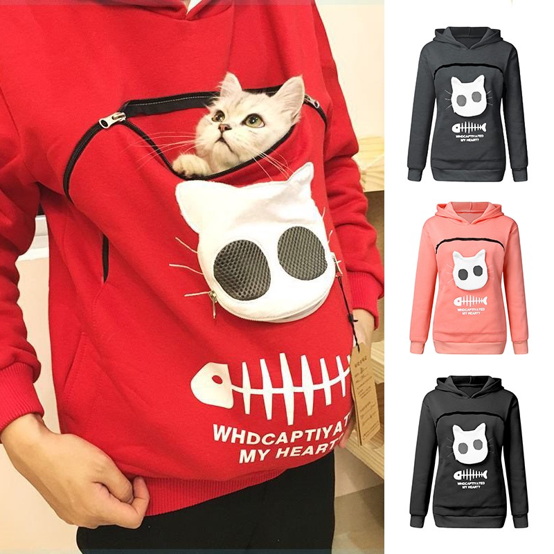 Cat and Dog Lovers Hoodie  Kangaroo Pet Pouch Sweatshirt with Animal Ear Hood