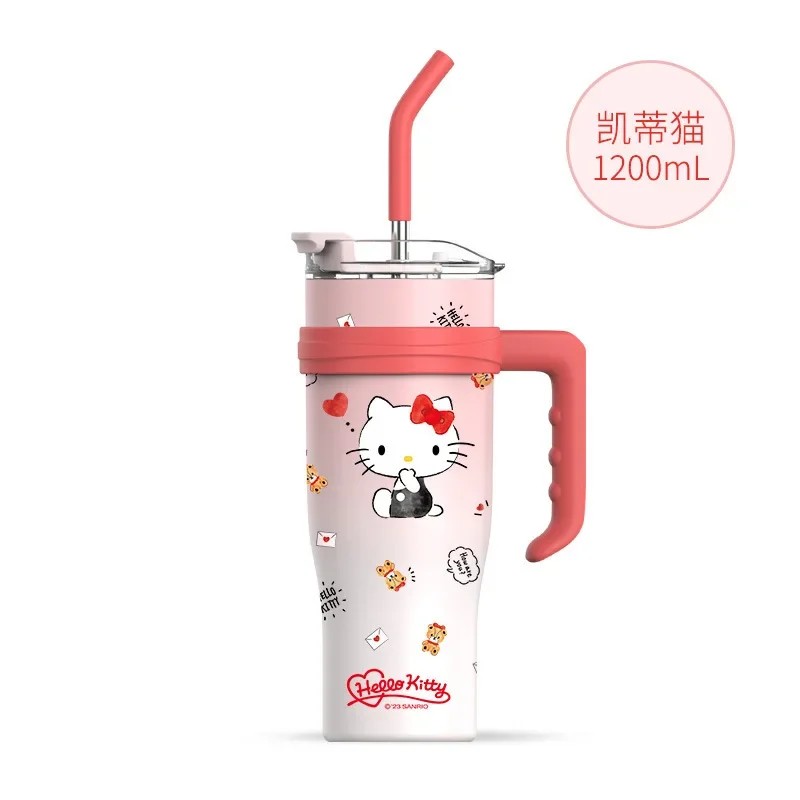 MINISO 1200ml Sanrio Thermos Bottle Cold Ice Cute Hello Kitty Kuromi Cinnamoroll Melody Stainless Steel Water Bottle with Straw 2024