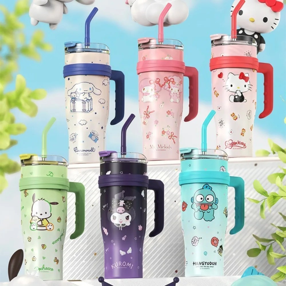 MINISO 1200ml Sanrio Thermos Bottle Cold Ice Cute Hello Kitty Kuromi Cinnamoroll Melody Stainless Steel Water Bottle with Straw 2024