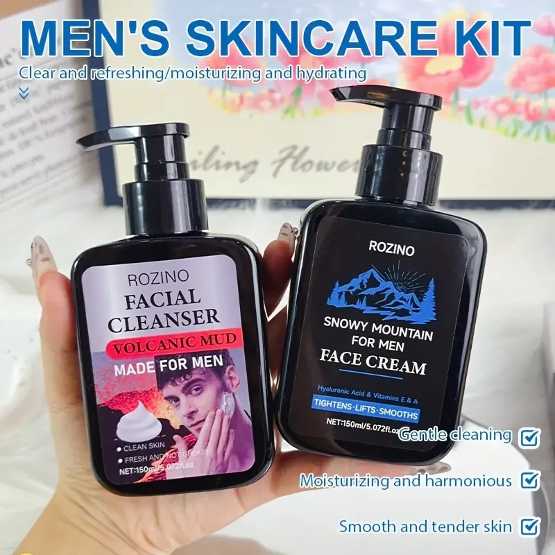 Men'S Skin Care Set Contains Volcanic Mud Cleanser, Strong Adsorption, Rich Foam, Deep Cleansing, Snow Mountain Cream, Mild Ingredients, One Touch of Absorption, Moisturizing, Care for The Skin, Making The Skin Smoother And More Delicate
