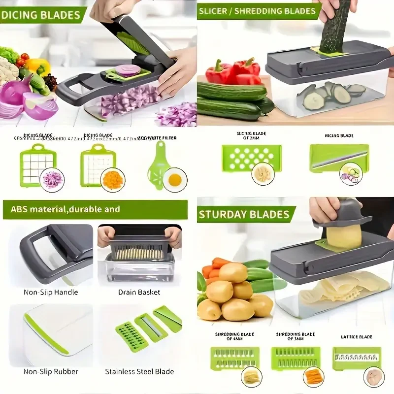 16-in-1 Multifunctional Vegetable Chopper - Manual Food Slicer Dicer with Container, Kitchen Veggie Cutter for Onion, Carrot, Garlic - Plastic Kitchen Gadget Set with Drain Basket & Hand Protector