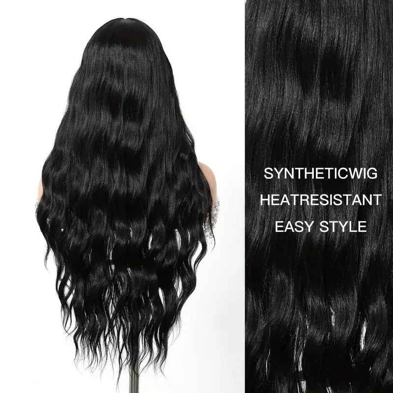 71.12 cm Women'S Black Imported Silk Small T Front Lace Wig Head Set Medium Parted Long Curly Hair Wig, Elegant And Fashionable, Suitable for Daily Use