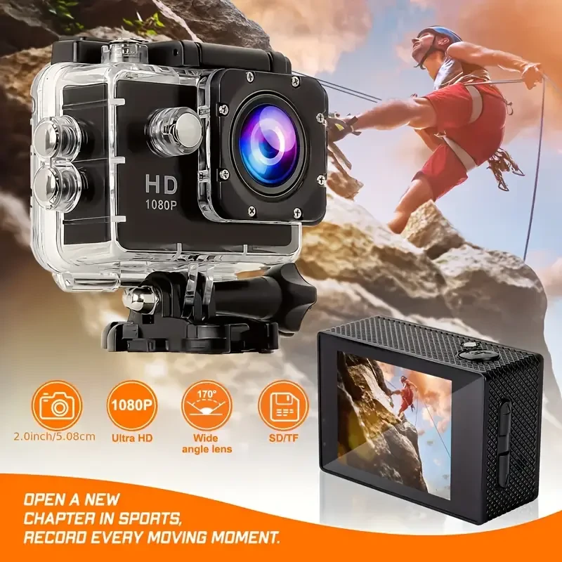 This Is a 1080P HD Action Camera Featuring Ultra HD Recording, a 140 Wide-Angle Lens, a 5.08Cm LCD Screen, Designed for Outdoor Sports Recording, with Automatic Exposure, Digital Stabilization, a Fisheye Lens, And Powered by Battery Or USB, Saving Files