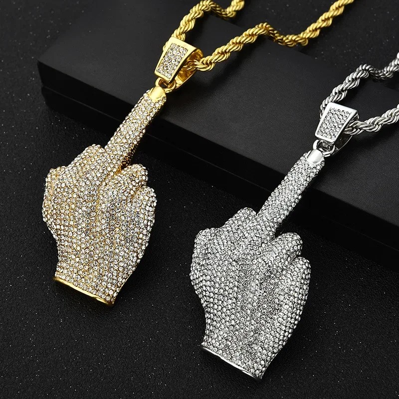 Ice Out Zircon Polite Gesture Middle Finger Necklace Men Women