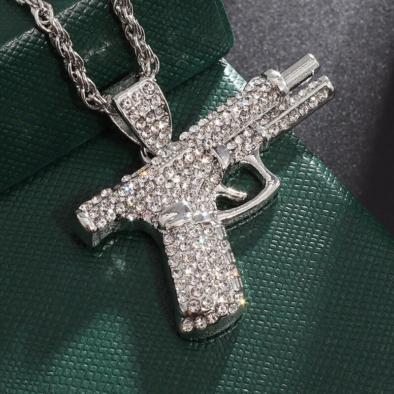 Bling Iced Out Pistol Pendant Submachine Gun Necklace Men
