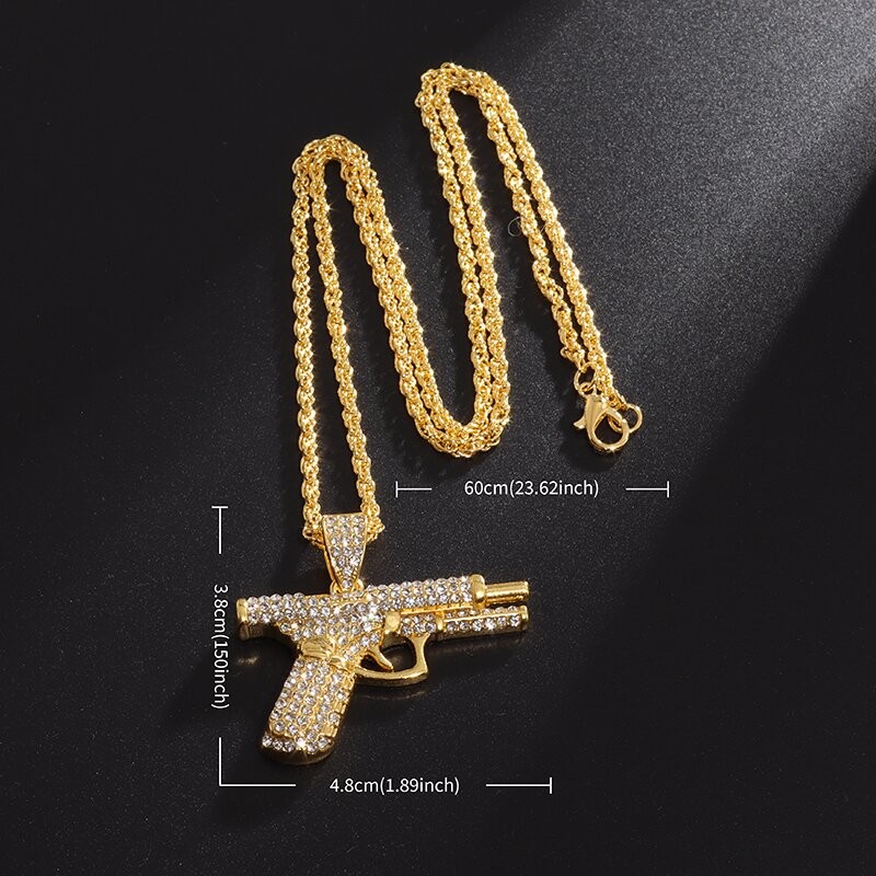 Bling Iced Out Pistol Pendant Submachine Gun Necklace Men