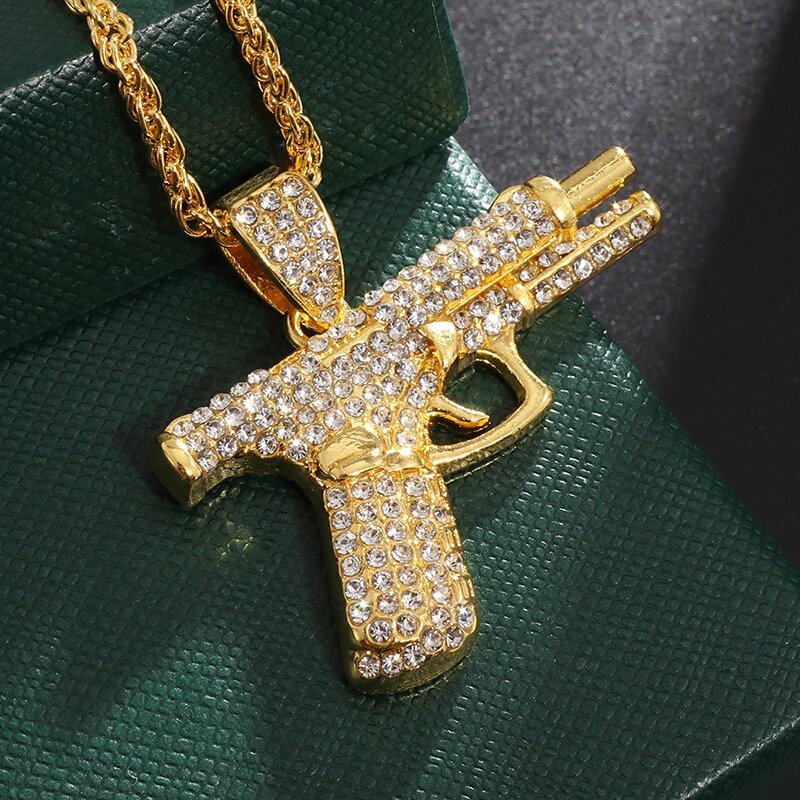Bling Iced Out Pistol Pendant Submachine Gun Necklace Men