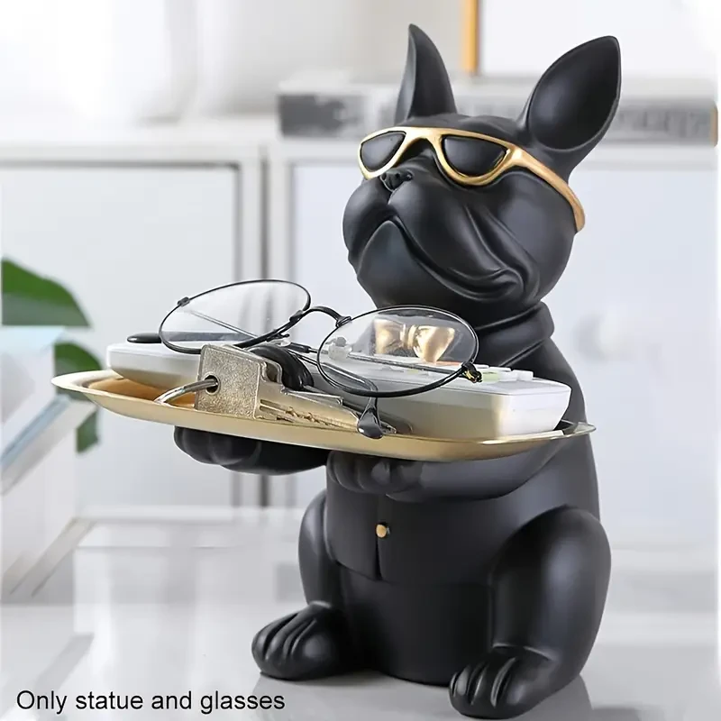 1pc, Decorative Resin Bulldog Sculpture With Tray, Multifunctional Black Bulldog Statue For Storage & Display, Home & Office Desk Decor, Eye-catching Resin Bulldog With Sunglasses Design, Practical And Stylish Organizer