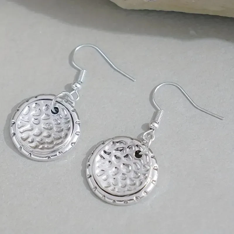 Vintage Bohemian Style Silver Disc Design Pendant Earrings