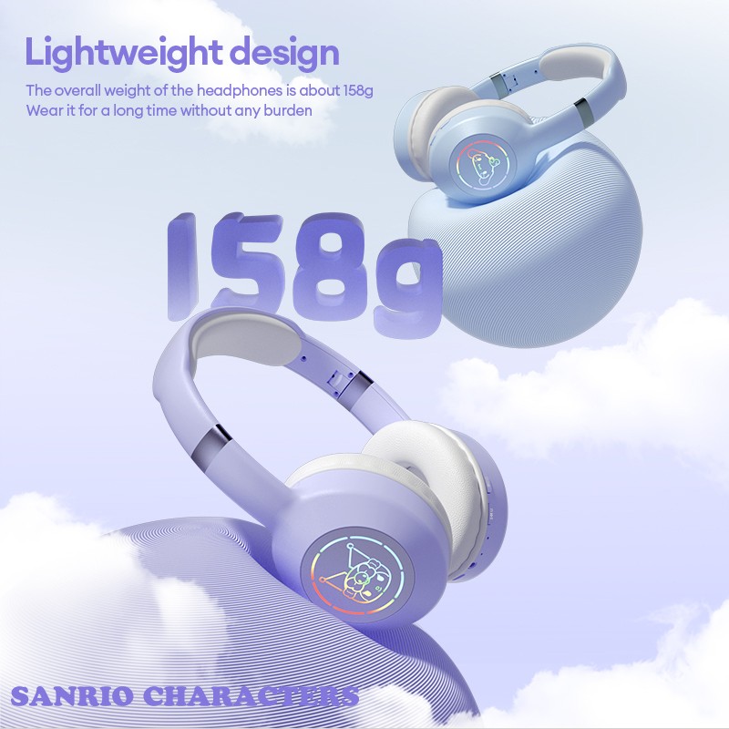 Miniso Sanrio EM-368 Bluetooth 5.2 Headphones Stereo Sound Wireless Earphones with RGB Light, Kuromi, Melody, and Hello Kitty Designs
