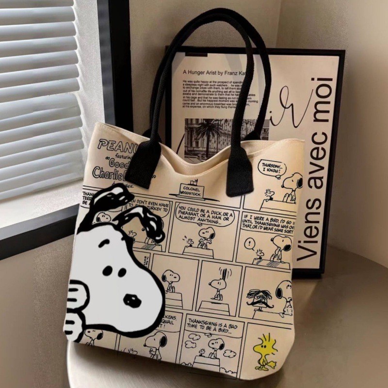 MINISO Snoopy Cartoon Printed Canvas Bag  Large Capacity Handbag, Casual Versatile Tote Bag, Shopping Bag, Shoulder Bag