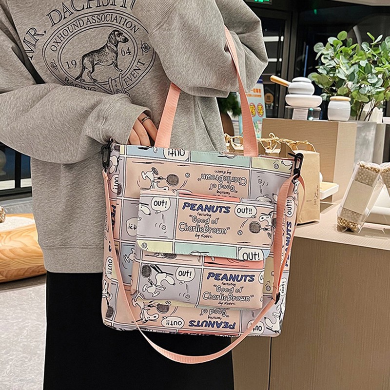MINISO Snoopy Cartoon Print Tote Bag  Fashionable Large Capacity Casual One Shoulder Crossbody Bag, Nylon Pink Handbag