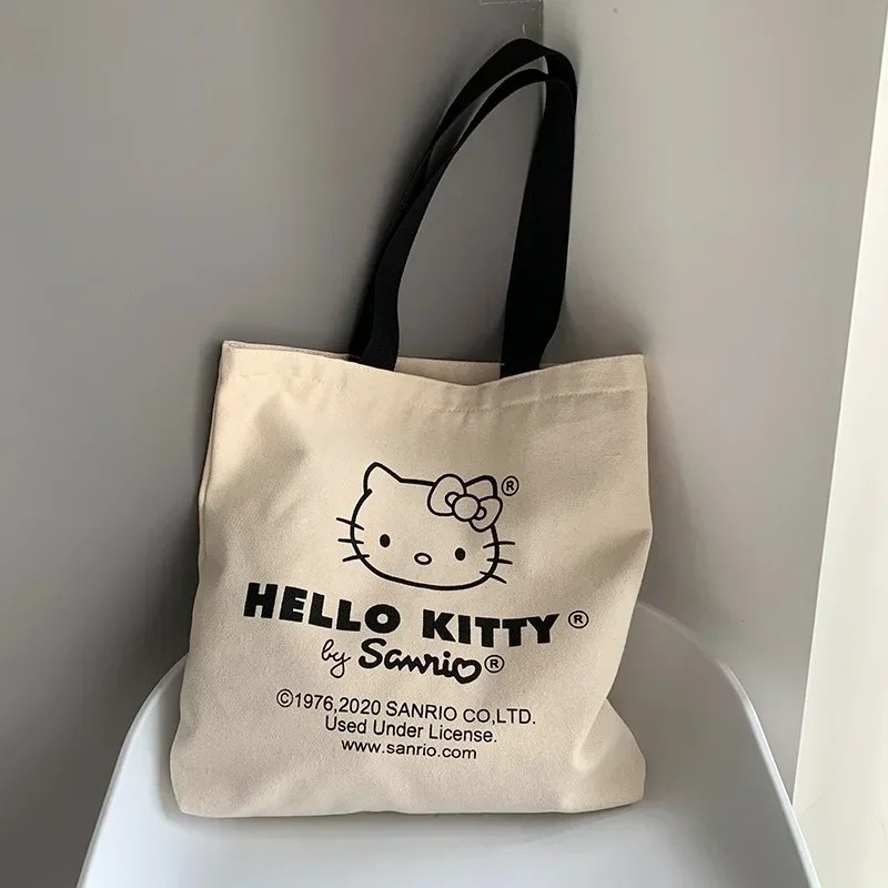 MINISO Disney Women Cute Hello Kitty Canvas Tote Bag  Femme Shopping Shoulder Bag, Travel Tote, Luxury Designer Handbag