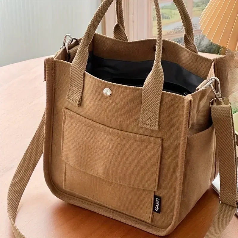 Black Canvas Tote Bag with Pockets