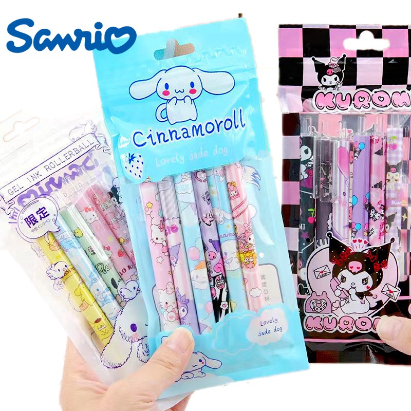 6Pcs/Set Kawaii Sanrio Hello Kitty 0.5mm Gel Pens  Cute Kuromi Press Gel Pen Cartoon Kids School Student Stationery Supplies Gift