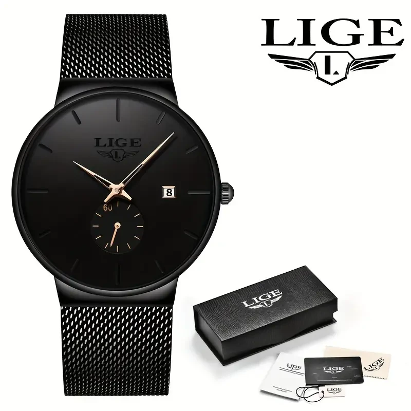 LIGE Men's Minimalist Black Quartz Watch with Rose Golden Accents