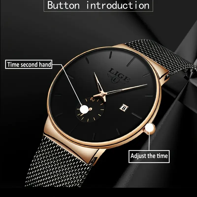 LIGE Men's Minimalist Black Quartz Watch with Rose Golden Accents