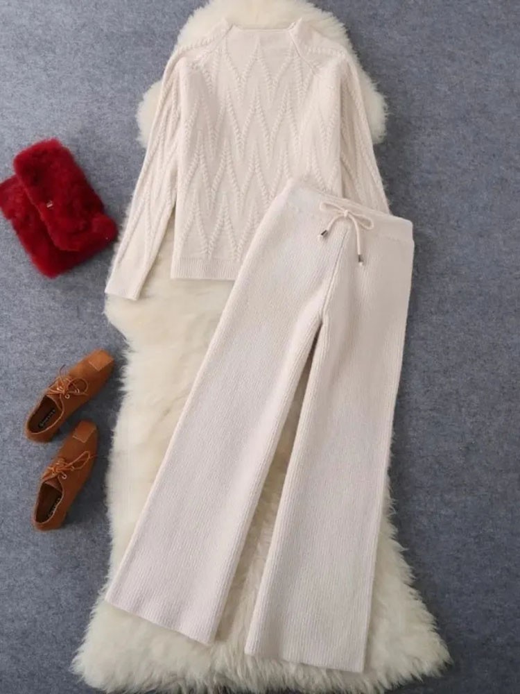 Fall Winter Knitted 2-Piece Set - Half Turtleneck Sweater & Wide Leg Pants Suit