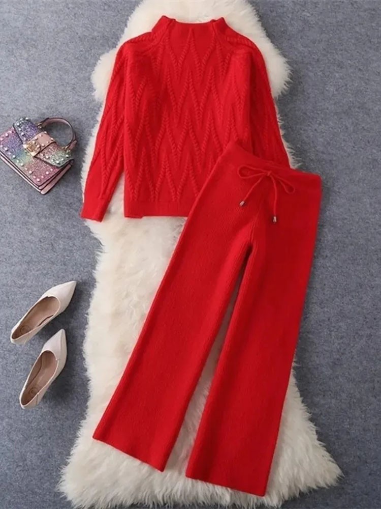 Fall Winter Knitted 2-Piece Set - Half Turtleneck Sweater & Wide Leg Pants Suit