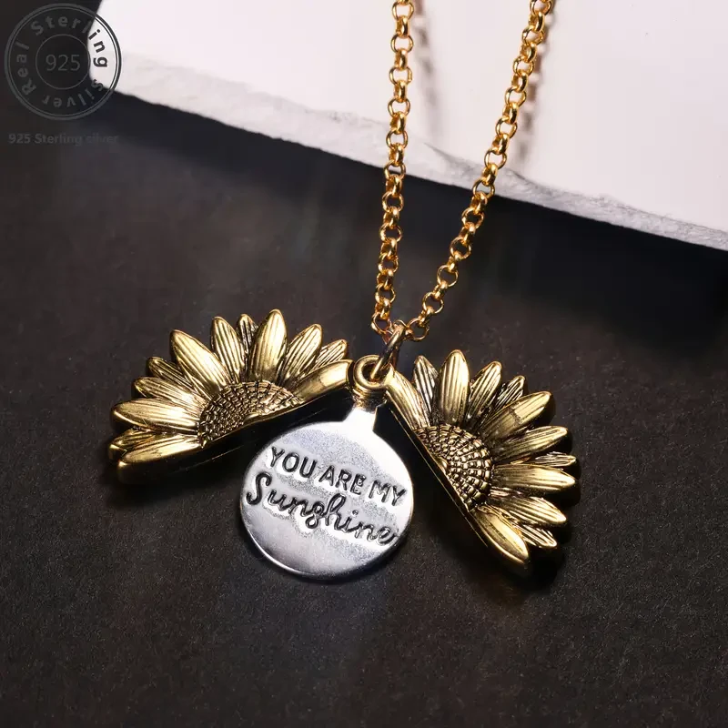 925 Sterling Silver Sunflower Box Pendant Necklace - Engraved 'You Are My Sunshine"