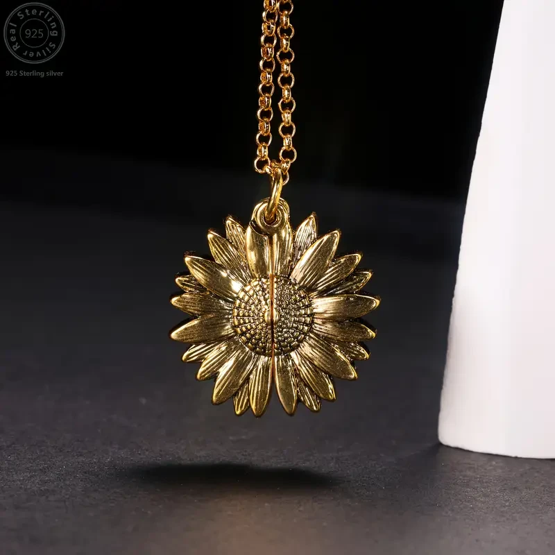 925 Sterling Silver Sunflower Box Pendant Necklace - Engraved 'You Are My Sunshine"
