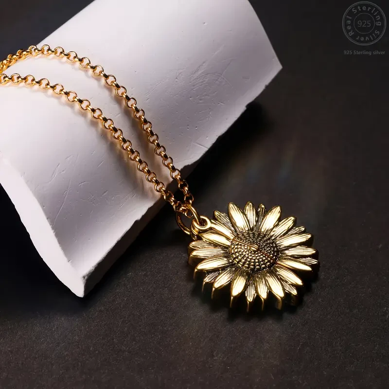 925 Sterling Silver Sunflower Box Pendant Necklace - Engraved 'You Are My Sunshine"