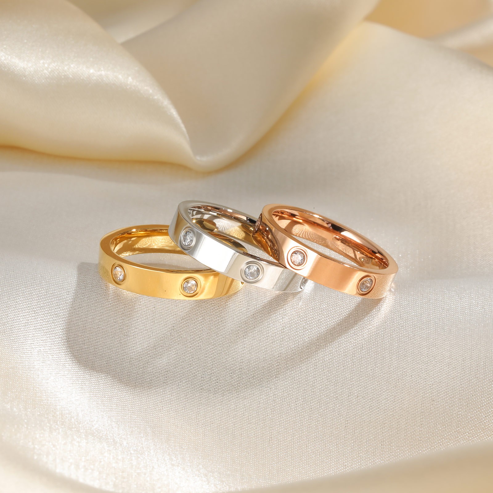 Dainty Cubic Zirconia Love Promise Rings - Gold Plated Stainless Steel Wedding Band