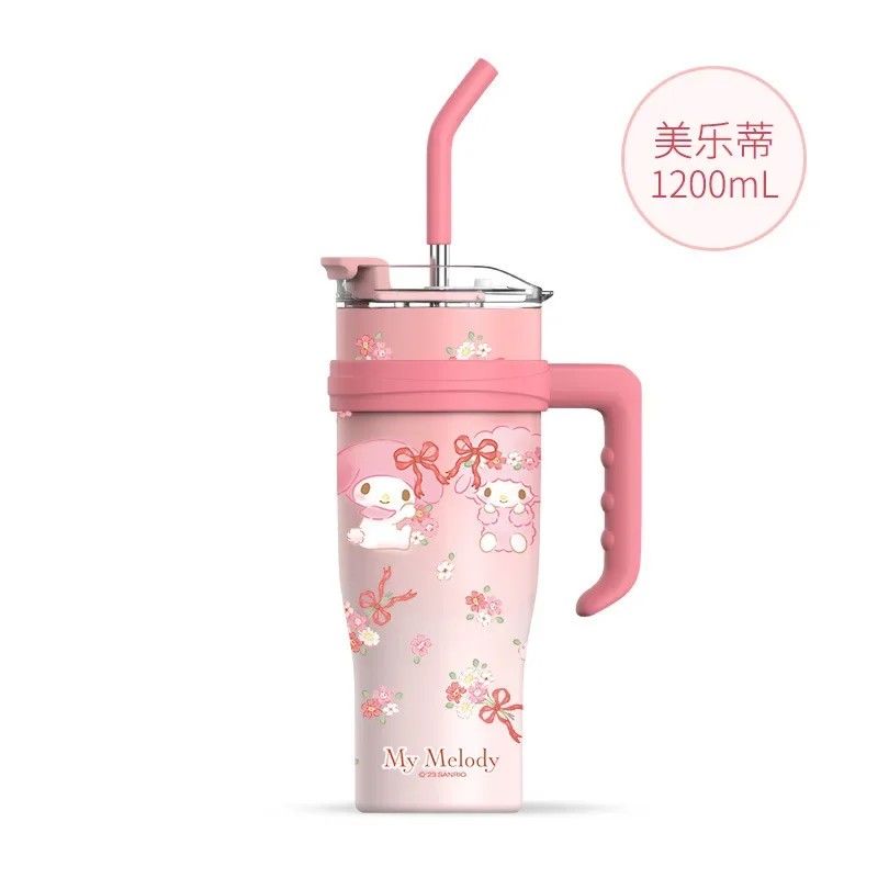 MINISO 1200ml Sanrio Thermos Bottle  Cold Ice Cute Hello Kitty Kuromi Cinnamoroll Melody Stainless Steel Water Bottle with Straw 2024