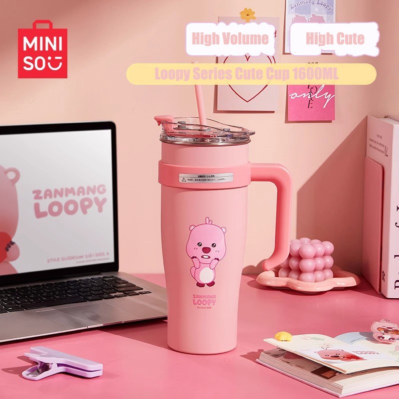 MINISO Loopy Series Jumbo Large Capacity Straw Cup Cute Cug for Girls, Stainless Steel High Color Value, 1.6L Capacity