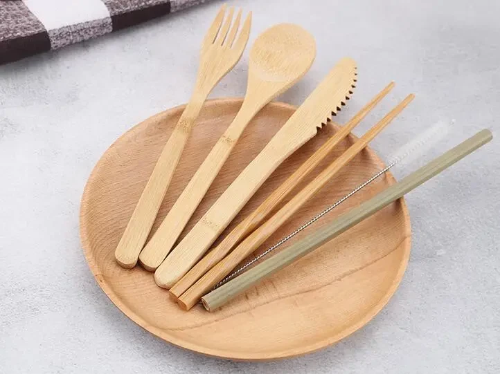 Portable bamboo cutlery bag set