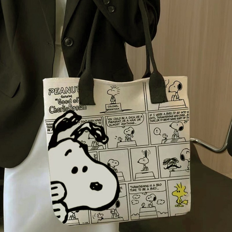 MINISO Snoopy Cartoon Printed Canvas Bag  Large Capacity Handbag, Casual Versatile Tote Bag, Shopping Bag, Shoulder Bag