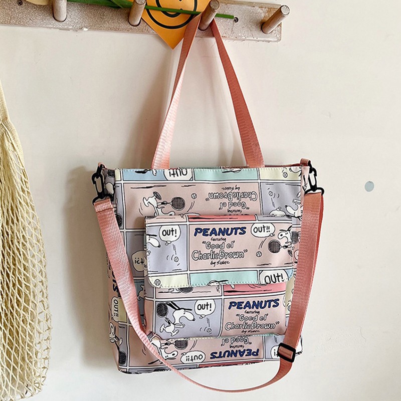 MINISO Snoopy Cartoon Print Tote Bag  Fashionable Large Capacity Casual One Shoulder Crossbody Bag, Nylon Pink Handbag